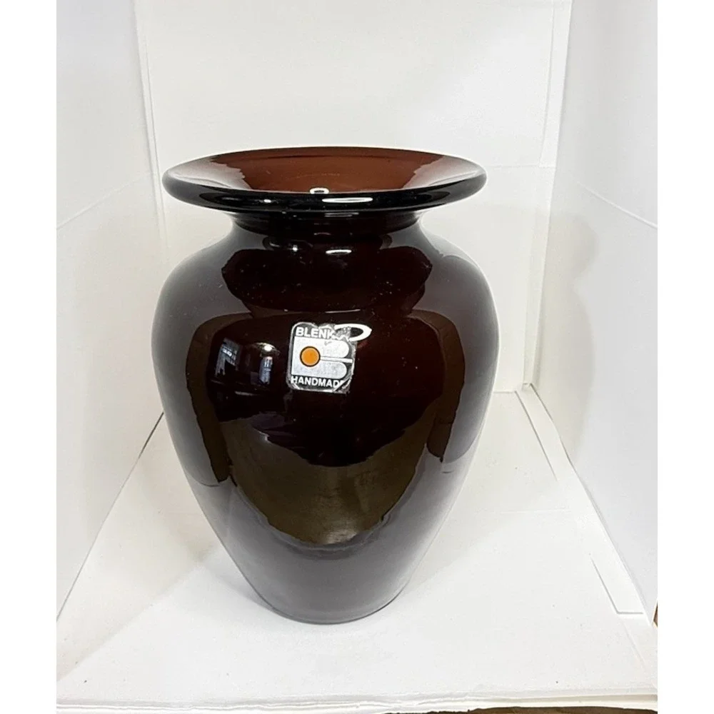 Vtg Blenko Glass Amethyst Vase, 1980-90s sticker  6.75